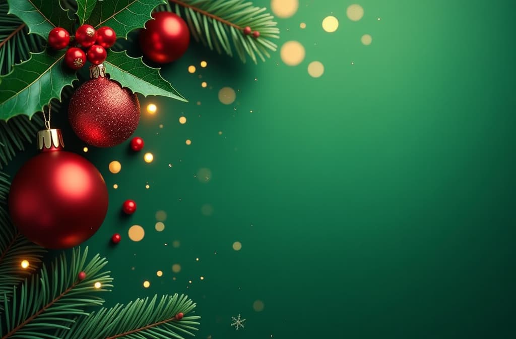  cinematic film style, top down view of a fresh green background, with red and gold christmas ornaments, holly leaves, and berries in the top left corner. snowflakes and glowing bokeh lights create a festive but clean atmosphere, leaving ample space for text on the right. ar 3:2, shallow depth of field, vignette, maximum details, high budget hollywood movie, bokeh, cinemascope, moody, epic, gorgeous, sun rays and shadows on furniture and surfaces, flattering light, raw photo, photography, photorealistic, 8k resolution, f1.4, sharpened focus, sharp focus