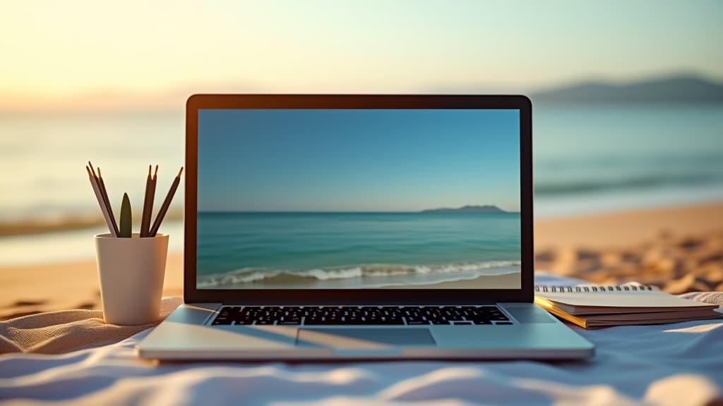  summer break on laptop notebook computer, office job work holiday or vacation concept, weekend travel, rest and relax on the beach, day off, desk workplace