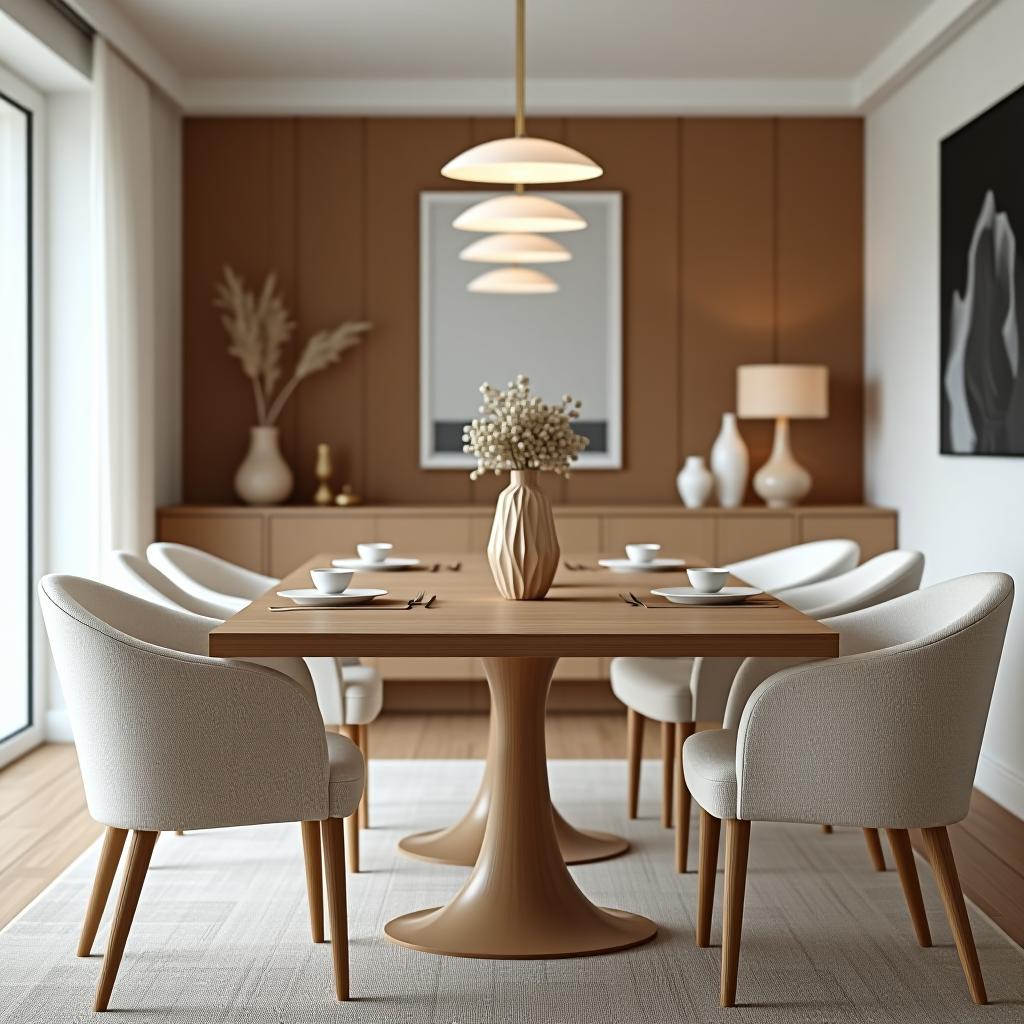  this 8k photograph captures a formal dining room designed in scandinavian style, emphasizing simplicity, functionality, and warm, inviting tones. shot with a 60mm f/2.8 macro lens, the image features an extreme close up that intensely focuses on design details, highlighted by a professionally color graded, nordic white color scheme (a crisp, clean white palette inspired by scandinavian simplicity). the scene is illuminated by bright, soft, diffused snowy light, enhancing the symmetrical balance and hyperrealistic details of the scandinavian inspired furniture and decor, including abstract geometric shapes on the wool upholstery and pine wood material. the dense furnishings and decorations are intricately blurred in the background, adding a 