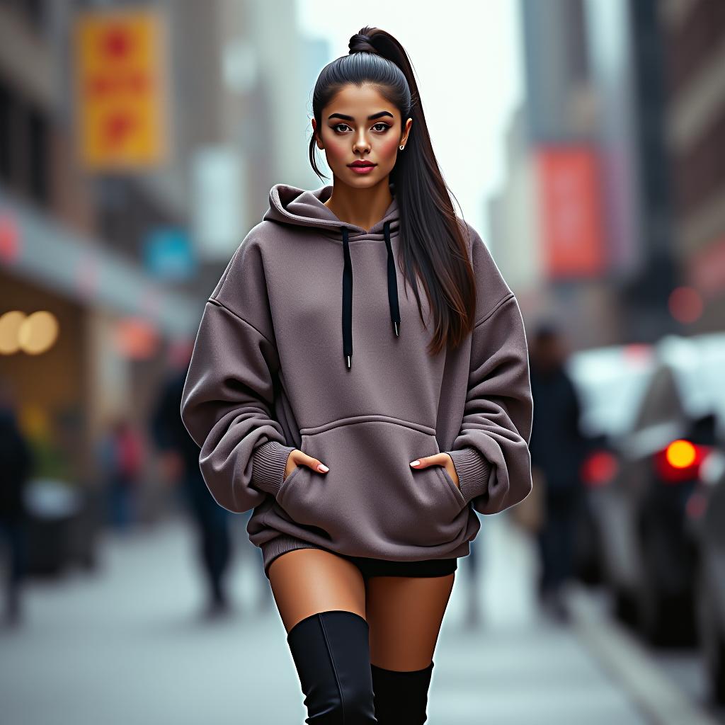  ariana grande in a city, wearing thigh high boots and a baggy hoodie, detailed face, ponytail