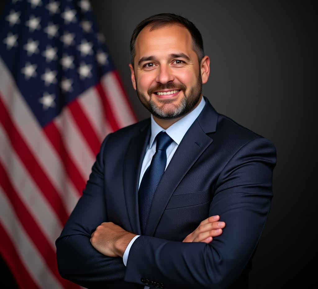  professional man in a suit stands confidently against a backdrop of the american flag, symbolizing patriotism and leadership.