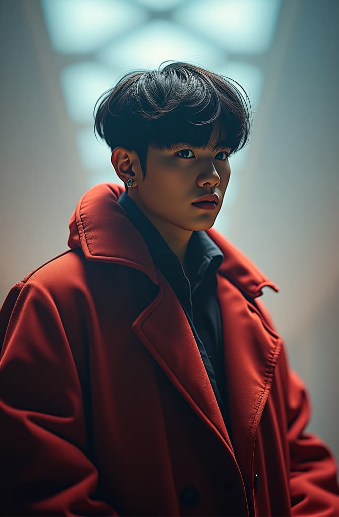  jungkook bts hyperrealistic, full body, detailed clothing, highly detailed, cinematic lighting, stunningly beautiful, intricate, sharp focus, f/1. 8, 85mm, (centered image composition), (professionally color graded), ((bright soft diffused light)), volumetric fog, trending on instagram, trending on tumblr, HDR 4K, 8K