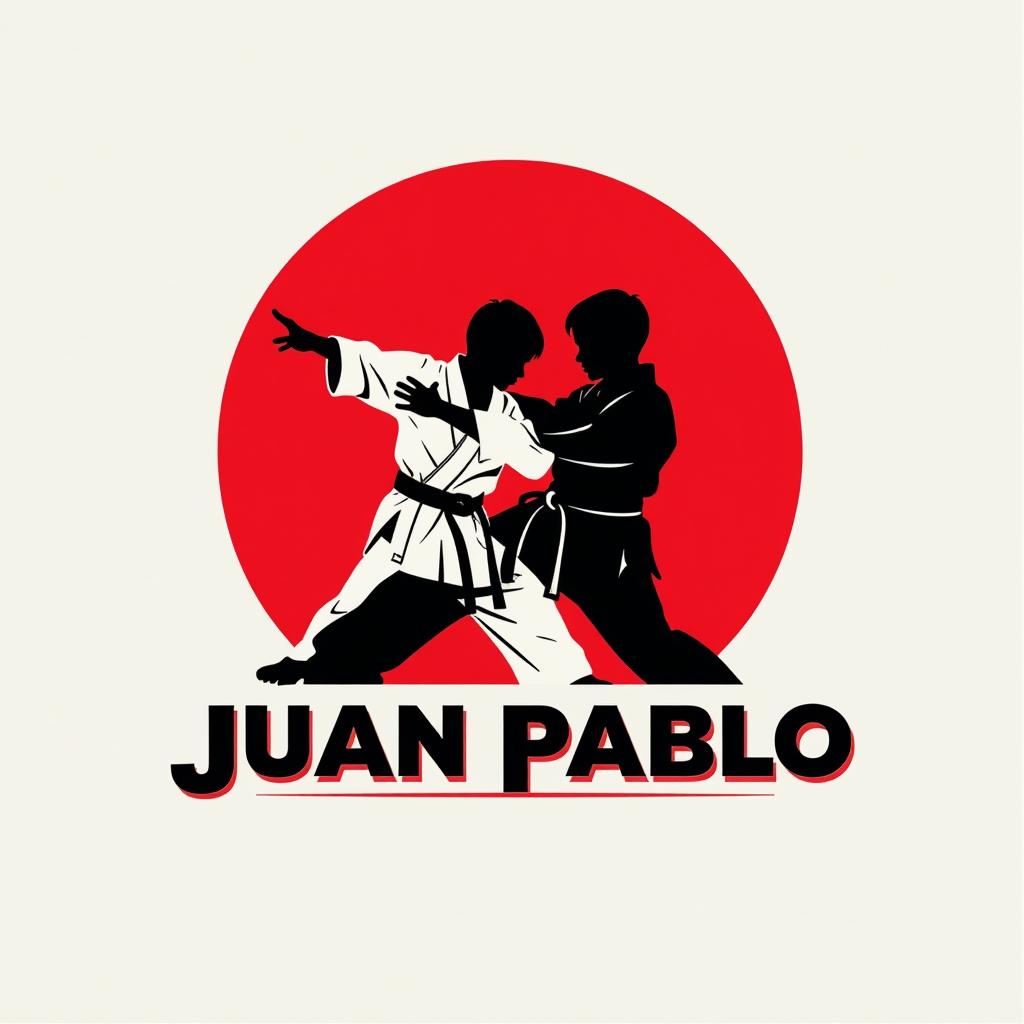  design a logo, in a minimalism style. logotipo de emblema, con el texto escrito ‘juan pablo”’, tema de tae kwon do , negro blanco y rojo, incluye silueta de joven combatiendo en tae kwon do