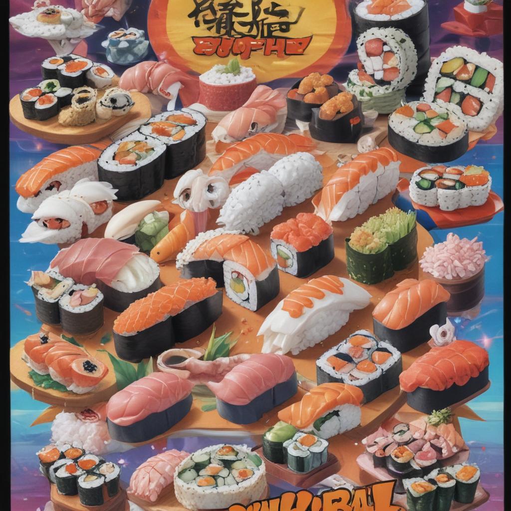 distance-shot, flashy, full-body, dynamic, holographic, animated cartoon poster of sushi scene in the style of dragon ball super