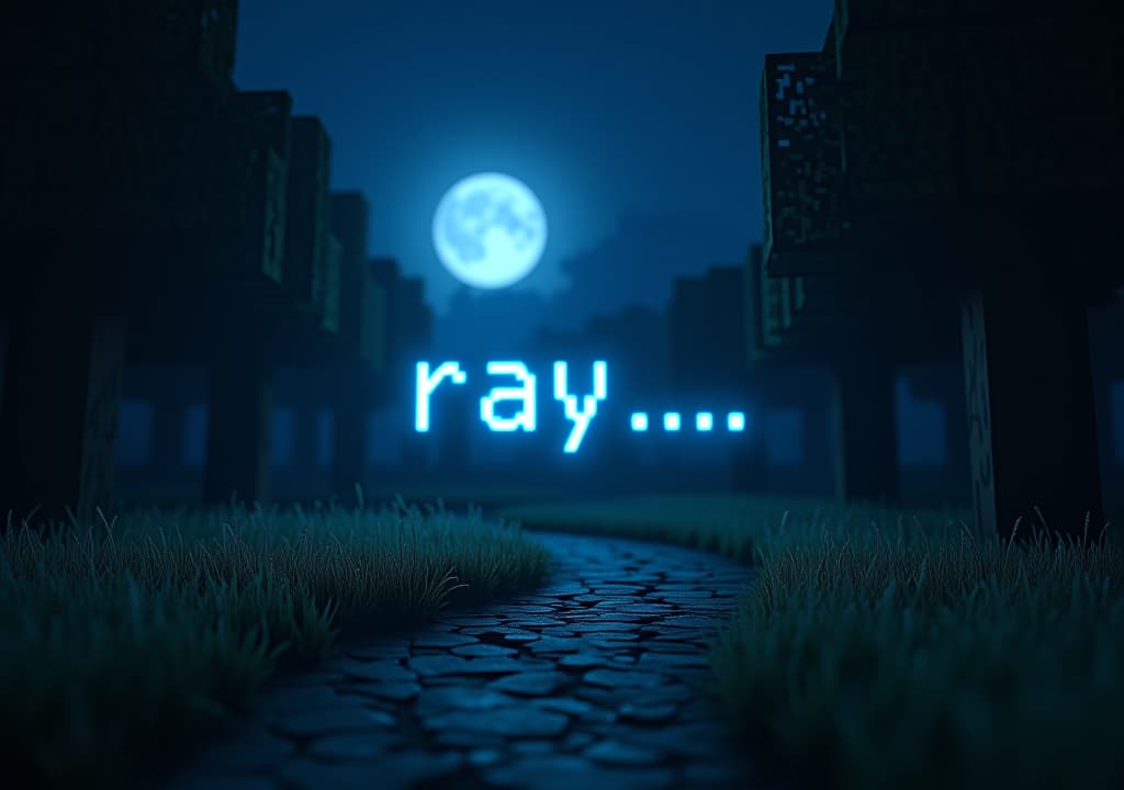  a night picture like a 3d animation movie with text in the center say "ray...." with minecraft font deep shadows. rendered in unreal engine 5 with 4k resolution.