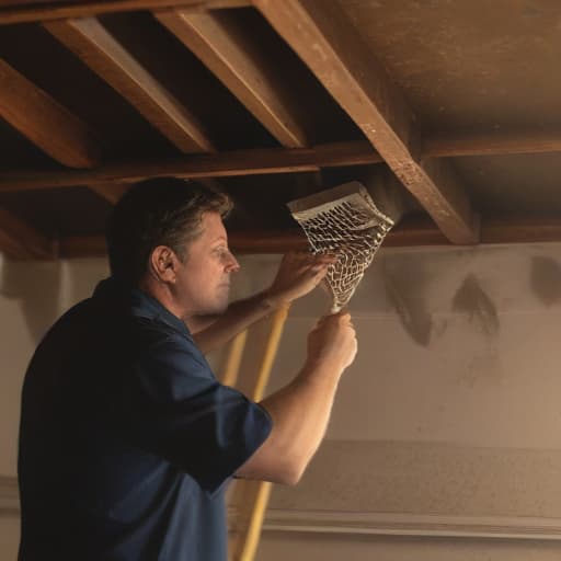 A photo of a professional vent cleaner inspecting a dusty vent in a dimly lit attic during late afternoon with a diffused warm glow filtering through the cobweb-covered windows.