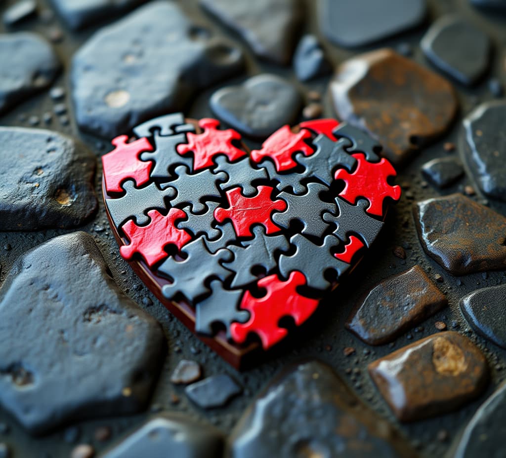  a heart made of puzzle pieces is on a rocky surface