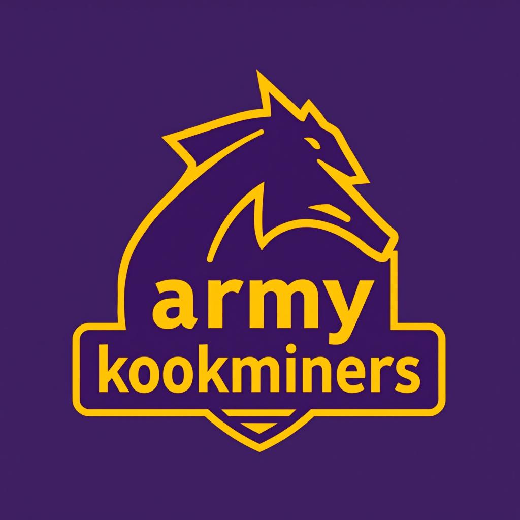  design a logo, purple and yellow, with the text 'army kookminers '.