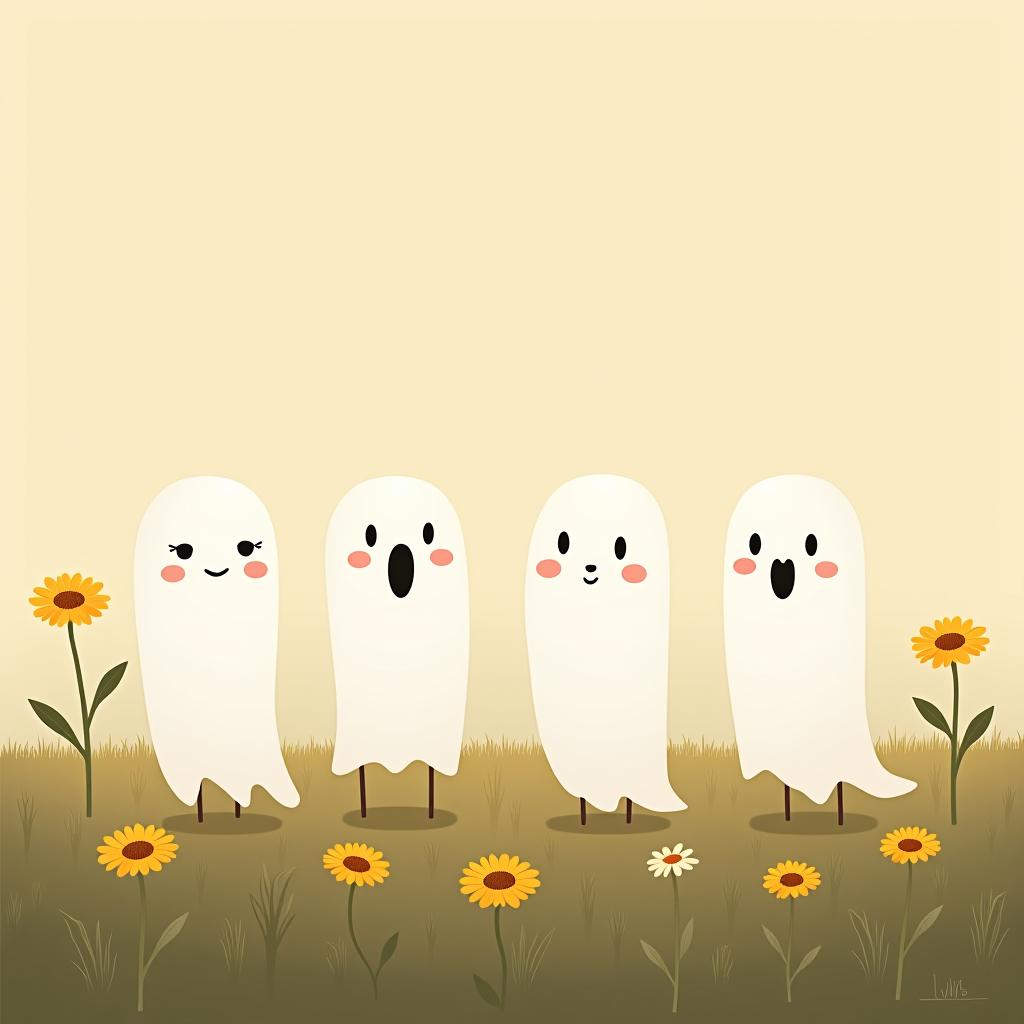  create a digital illustration featuring a row of four or five cute, cartoonish ghost characters, each with a different appearance, standing in different positions within sparse, life like wildflowers.