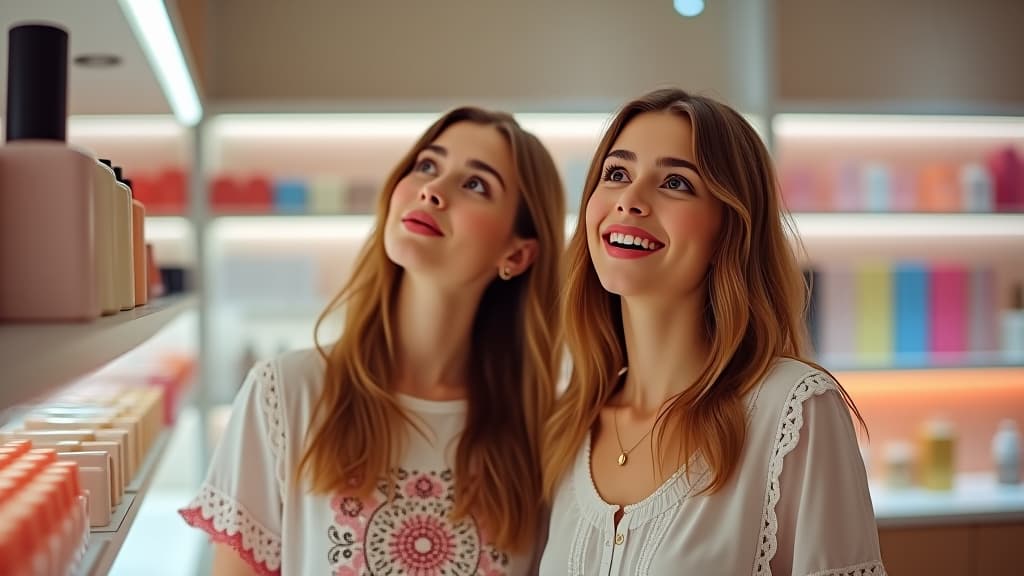  tilt shift photo of realistic image. two beautiful russian tall slender girls look at the shelves of the cosmetics store with joyful surprised faces and wide open eyes, the background is a cosmetics and perfume store, a beautiful bright airy interior, a lot of care and decorative cosmetics, summer, high resolution, clear faces not blurred, 4k . selective focus, miniature effect, blurred background, highly detailed, vibrant, perspective control hyperrealistic, full body, detailed clothing, highly detailed, cinematic lighting, stunningly beautiful, intricate, sharp focus, f/1. 8, 85mm, (centered image composition), (professionally color graded), ((bright soft diffused light)), volumetric fog, trending on instagram, trending on tumblr, HDR 4K, 8K