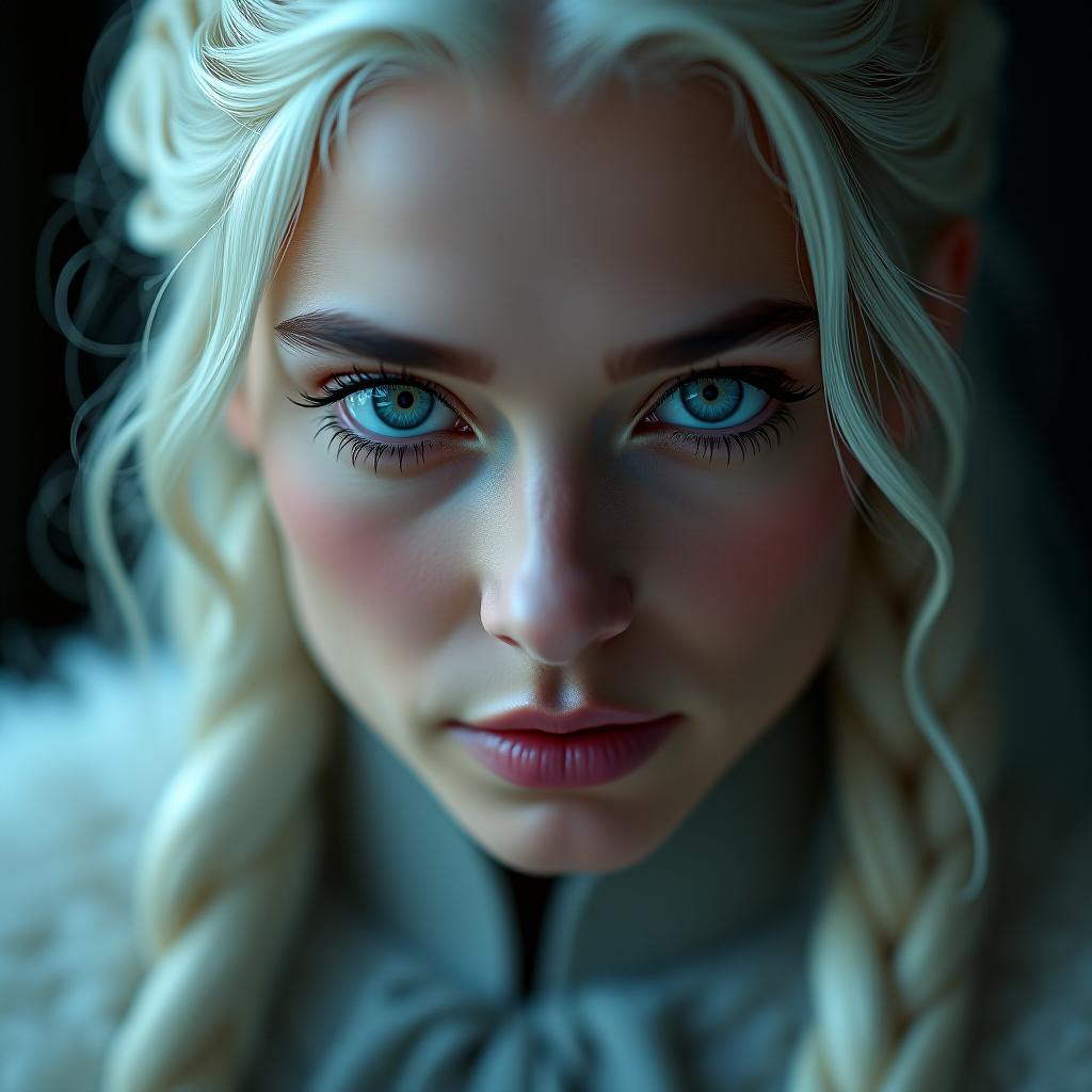  an intimate portrait inspired by queen daenerys from 'game of thrones,' emphasizing her ice blue eyes through a teardrop shaped dragon egg. captured under soft light with a leica q2 using a 50mm f/2 lens. small text 'astravision' at bottom right corner. hyperrealistic, full body, detailed clothing, highly detailed, cinematic lighting, stunningly beautiful, intricate, sharp focus, f/1. 8, 85mm, (centered image composition), (professionally color graded), ((bright soft diffused light)), volumetric fog, trending on instagram, trending on tumblr, HDR 4K, 8K