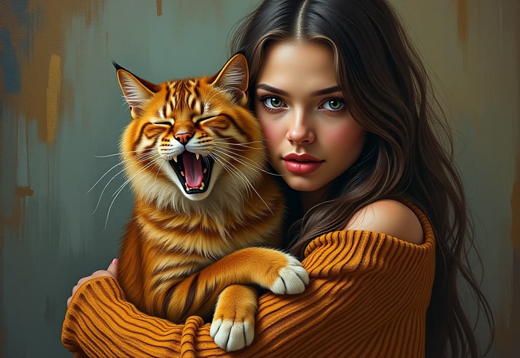  expressionism painting of young tall slim brunette woman holding sad and sleepy brown siberian cat yawning, cat is dressed in lion costume, van gogh style