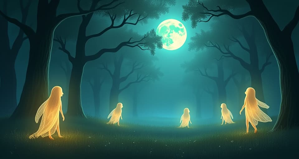  translucent spirits whispering, ethereal glowing forms in a quiet, moonlit grove, otherworldly light illuminating their gentle presence.. the style is digital art illustration,highly detailed, whimsical,magical, dreamlike atmosphere, realism and fantasy blend, smooth, glossy textures,luminous quality, wonder and enchantment.