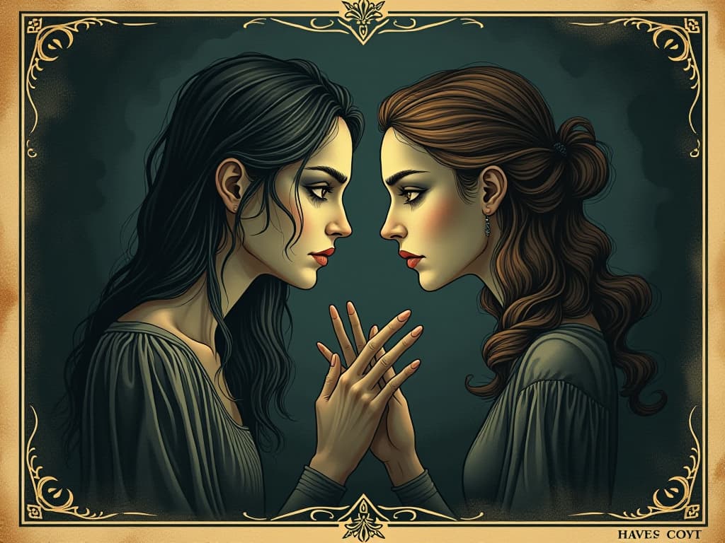  immediate connection, intense eye contact, silent understanding, mystical energy flow, dim background. an illustration in the style of a worn, mystical old tarot trump card, mysterious and elements of surrealism. the colors are muted, somber and eerie, but with contrast bring out an occult and esoteric vibe.