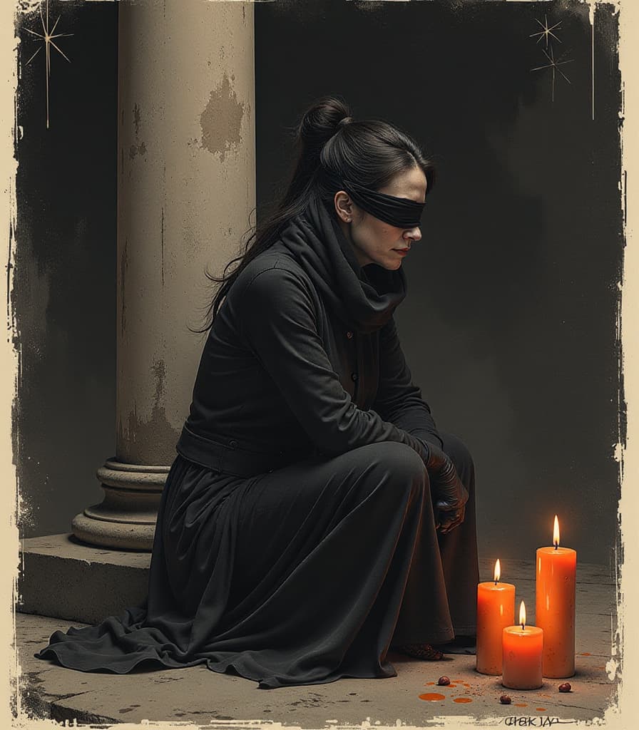  grunge style mature lady in blindfold sitting in sobor near column. candles. dark fantasy, grunge style, dirty art. night, poster. black dark brown orange monochrome, greyscale, black and white style arsmjstyle, zen ink wash sumi e. . textured, distressed, vintage, edgy, punk rock vibe, dirty, noisy