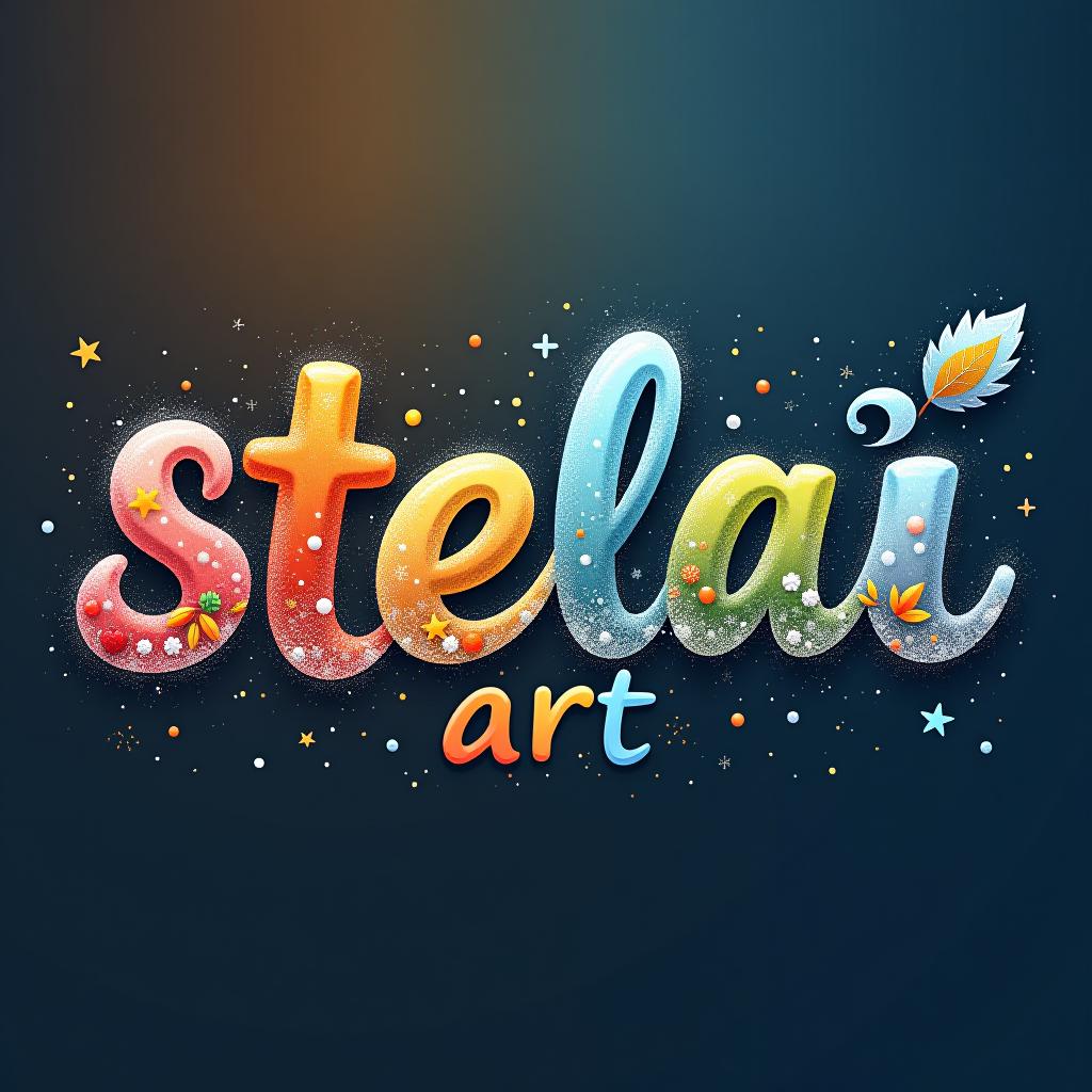  "create a lettering artwork featuring the capitalized text 'stelai art' that represents all four seasons. the design should seamlessly blend elements from winter, spring, summer, and autumn. incorporate winter elements like snowflakes and icy blues, spring motifs like blooming flowers and soft pastels, summer features like bright sunshine and tropical colors, and autumnal touches like falling leaves and warm oranges. use a dynamic, flowing font that transitions through the seasons, with each section reflecting the colors and mood of its respective season. the background should subtly shift to match the seasonal themes, creating a harmonious yet distinct representation of the year’s cycle."