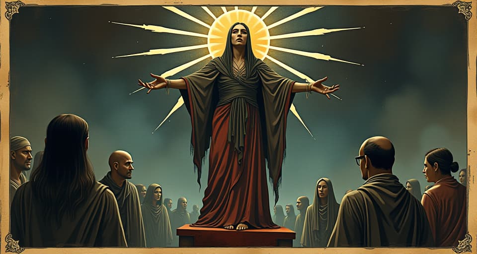  figure on pedestal, radiant aura, onlookers with mixed expressions of awe and envy, admiration, jealousy. an illustration in the style of a worn, mystical old tarot trump card, mysterious and elements of surrealism. the colors are muted, somber and eerie, but with contrast bring out an occult and esoteric vibe.