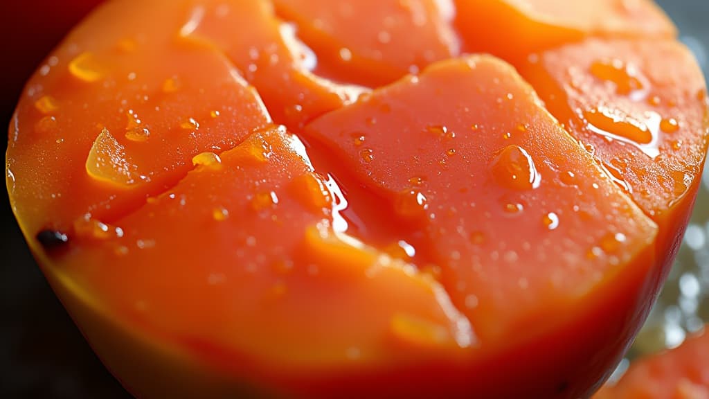  a close up of a ripe mango half showcases velvety skin, vibrant orange red flesh, and glistening juice, all tantalizing, high quality, high details, hd, perfect composition, 4k epic detailed, highly detailed, sharp focus, high resolution