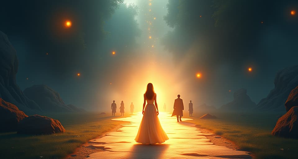  an ethereal figure standing on a brightly illuminated path, looking back at shadowy figures on a darker, crumbling path. the separation between paths growing wider. atmosphere of amplifying separation.. the style is digital art illustration,highly detailed, whimsical,magical, dreamlike atmosphere, realism and fantasy blend, smooth, glossy textures,luminous quality, wonder and enchantment.