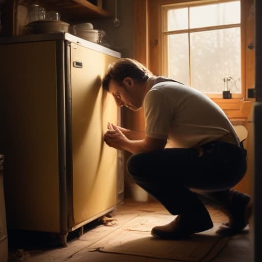 A photo of a skilled repair technician delicately adjusting the inner workings of a vintage refrigerator in a cozy rustic kitchen during the early morning hours, bathed in soft golden light streaming through a nearby window, casting a warm glow on the intricate mechanisms of the appliance.