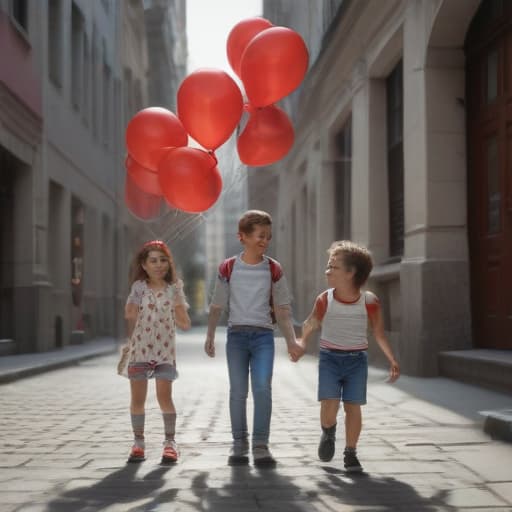 Generate hyperreality images, children walk down the street of the city with red balloons in their hands and laugh