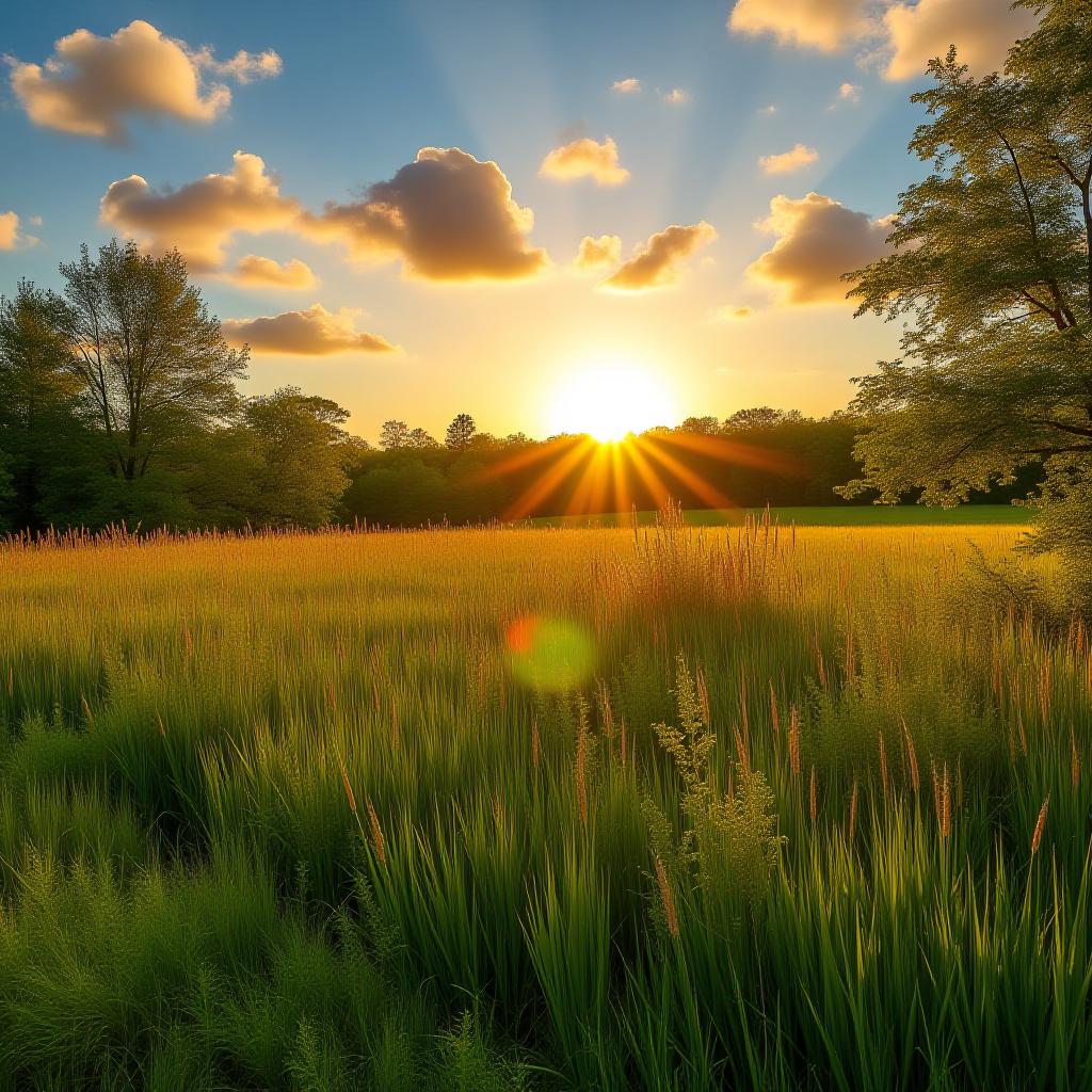  natural photo, where summer green colors are mixed with the colors of early autumn yellow, picturesque landscape, sky and sun against the background, high quality