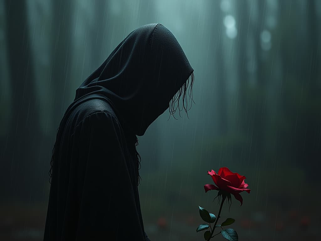  wilted rose in the rain, solitary and drooping, melancholic, reflective. the style is dark fantasy and mysterious occult, symbolic, moody lighting, esoteric vibe,high detail on character design. for the color scheme emphasize blacks and reds.