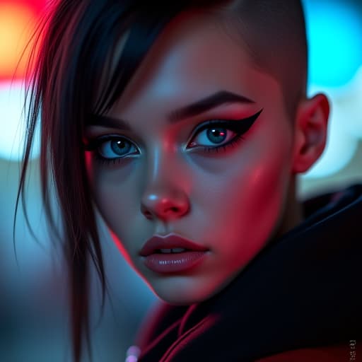  ultra realistic close up portrait ((beautiful pale cyberpunk female with heavy black eyeliner)), blue eyes, shaved side haircut, hyper detail, cinematic lighting, magic neon, dark red city, canon eos r3, nikon, f/1.4, iso 200, 1/160s, 8k, raw, unedited, symmetrical balance, in frame, 8k hyperrealistic, full body, detailed clothing, highly detailed, cinematic lighting, stunningly beautiful, intricate, sharp focus, f/1. 8, 85mm, (centered image composition), (professionally color graded), ((bright soft diffused light)), volumetric fog, trending on instagram, trending on tumblr, HDR 4K, 8K