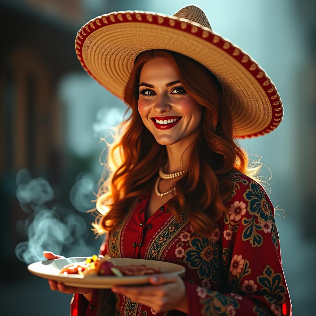  a beautiful woman with ginger hair and a sombrero hat smiling and holding a pidor plate. hyperrealistic, full body, detailed clothing, highly detailed, cinematic lighting, stunningly beautiful, intricate, sharp focus, f/1. 8, 85mm, (centered image composition), (professionally color graded), ((bright soft diffused light)), volumetric fog, trending on instagram, trending on tumblr, HDR 4K, 8K