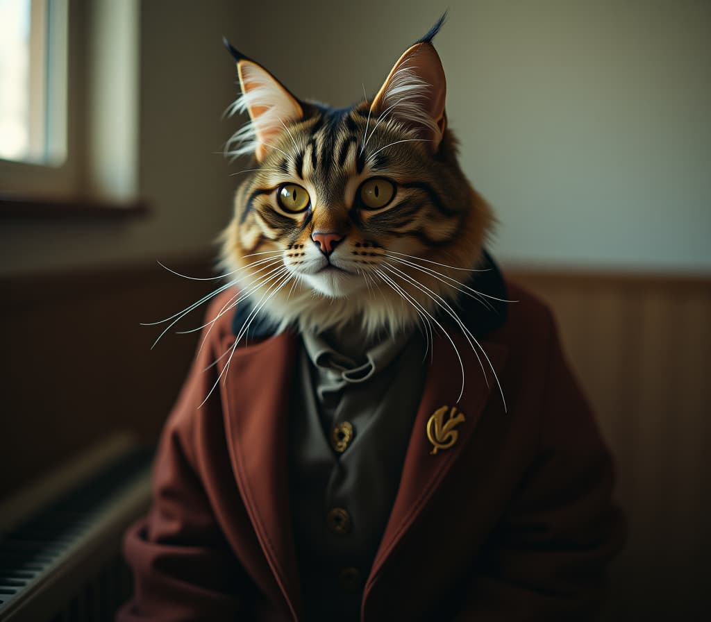  cat, photo 1940s hyperrealistic, full body, detailed clothing, highly detailed, cinematic lighting, stunningly beautiful, intricate, sharp focus, f/1. 8, 85mm, (centered image composition), (professionally color graded), ((bright soft diffused light)), volumetric fog, trending on instagram, trending on tumblr, HDR 4K, 8K