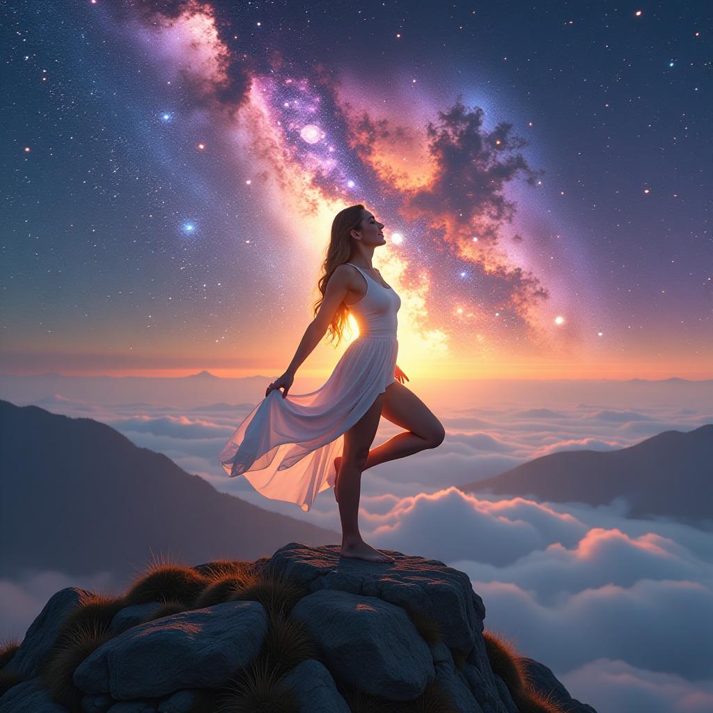  foreground: a serene figure in a flowing white yoga outfit, gracefully poised in the tree pose on a misty mountain peak, with golden light cascading down and highlighting the gentle curves of their body. the figure's eyes are closed, and a soft smile graces their face as they connect with the universe. background: a vibrant, abstract cosmos filled with swirling galaxies, neon stars, and pockets of glowing purple and blue nebulae. the sky is alive with dynamic movement and energy, contrasting starkly yet harmoniously with the tranquil scene in the foreground.