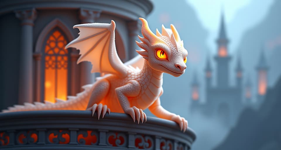  translucent dragon with glowing scales, perched on an ethereal palace's balcony. its eyes are bright, and the atmosphere is charged with energy. majestic, powerful, serene.. the style is digital art illustration,highly detailed, whimsical,magical, dreamlike atmosphere, realism and fantasy blend, smooth, glossy textures,luminous quality, wonder and enchantment.