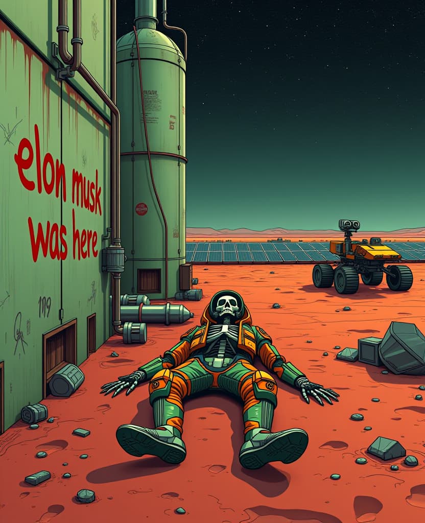  a science fiction illustration. front view of a sketleton in a orange and green suit lying dead on the ground, wall of an industrial facilitie with pipes and cisterns. fields of solar panel at horizon. mutliple graffiti on walls, a red hand written spray can graffiti saying "elon musk was here". industrial complex, metalic green walls covered with rust, red sand, mars rover on the side, broken mecanials parts against a wall, trash on the ground. the background is a night sky, stars constellation in dark sky. hyperrealistic, full body, detailed clothing, highly detailed, cinematic lighting, stunningly beautiful, intricate, sharp focus, f/1. 8, 85mm, (centered image composition), (professionally color graded), ((bright soft diffused light)), volumetric fog, trending on instagram, trending on tumblr, HDR 4K, 8K