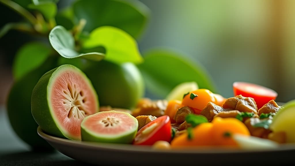  scenes about health and fitness, a picturesque image of guava leaves beside a plate of healthy dishes, emphasizing weight management and health. hyperrealistic, full body, detailed clothing, highly detailed, cinematic lighting, stunningly beautiful, intricate, sharp focus, f/1. 8, 85mm, (centered image composition), (professionally color graded), ((bright soft diffused light)), volumetric fog, trending on instagram, trending on tumblr, HDR 4K, 8K