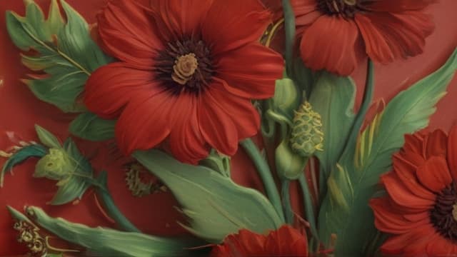 Red flowers closeup, red background, Van Gogh style, fullscreen ultra realistic, artstation, ultra realistic 4k"