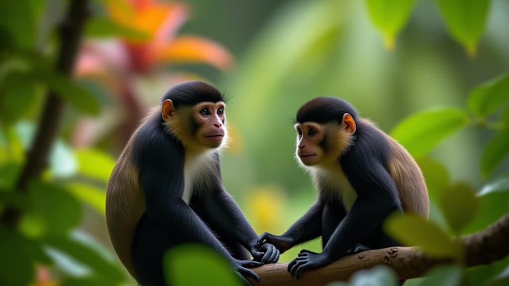  capuchin monkeys in tropical rainforest, colorful interesting plants in background, green nature wallpaper