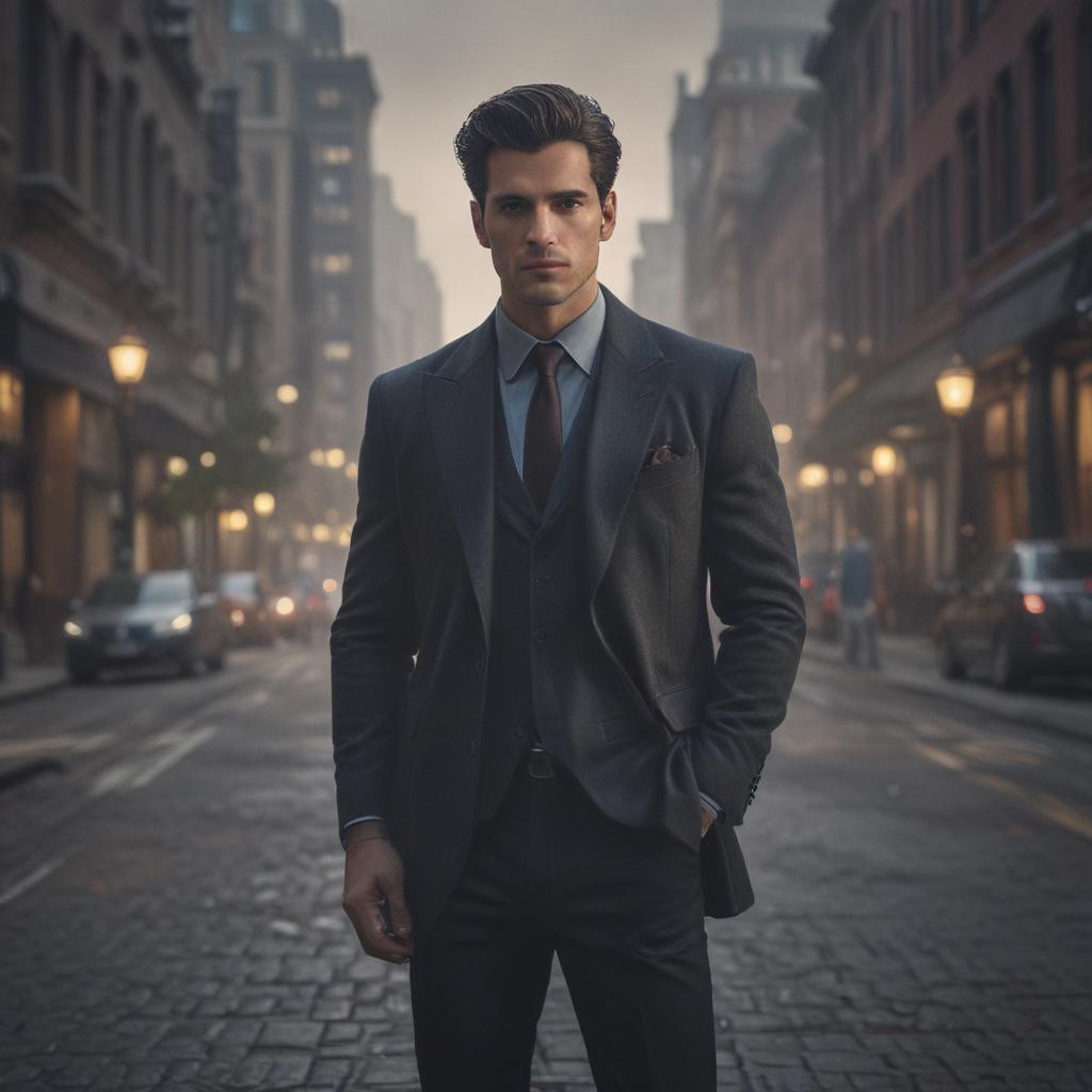 ((masterpiece)),(((best quality))), 8k, high detailed, ultra detailed, A handsome male, (dark hair), (intense gaze), well dressed, (cityscape in the background) hyperrealistic, full body, detailed clothing, highly detailed, cinematic lighting, stunningly beautiful, intricate, sharp focus, f/1. 8, 85mm, (centered image composition), (professionally color graded), ((bright soft diffused light)), volumetric fog, trending on instagram, trending on tumblr, HDR 4K, 8K