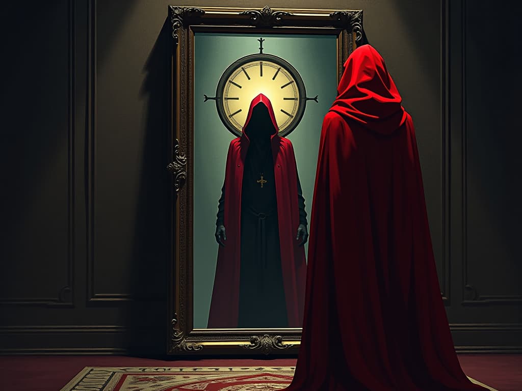  colleague in red ceremonial cloak, standing before mirror, true reflection shown, mood of forced confrontation and realization. the style is digital art illustration / modern comic book / graphic dark novel fantasy and mysterious occult, symbolic, moody lighting, esoteric vibe,high detail on character design. for the color scheme emphasize blacks and reds.