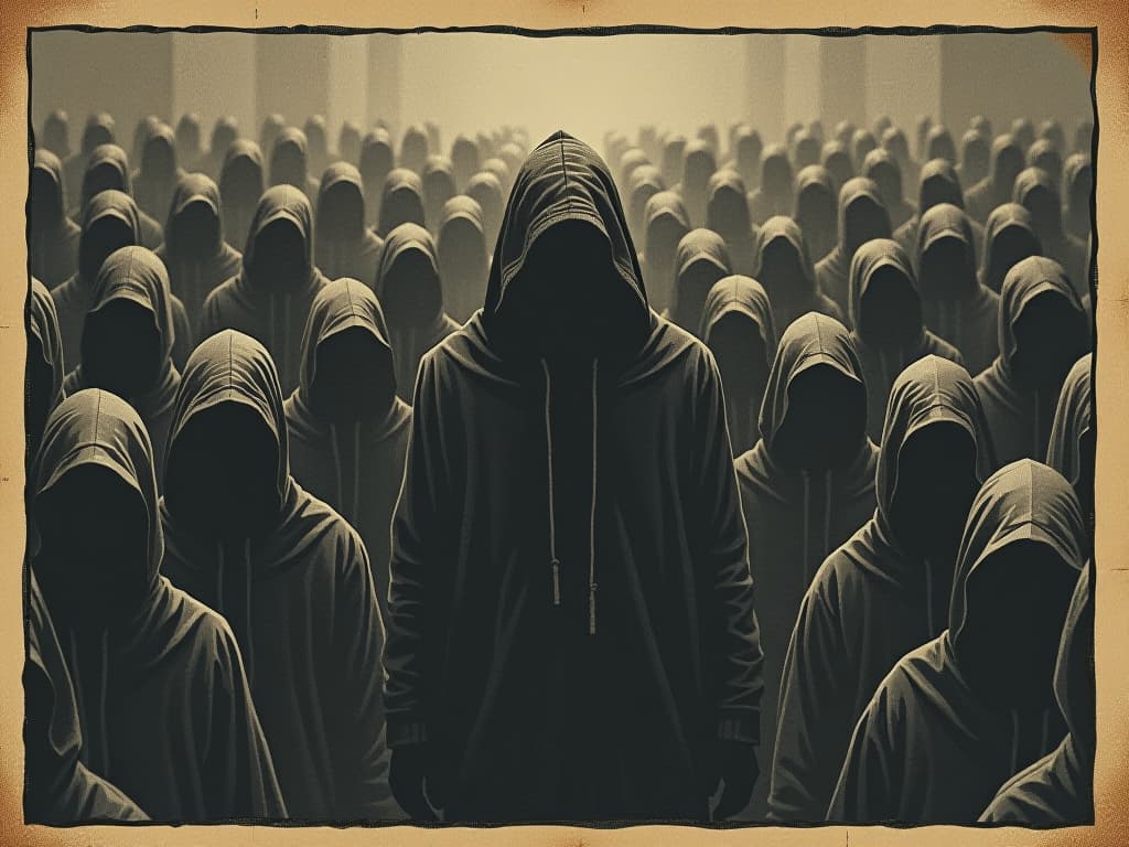  single figure, hooded, surrounded by a sea of faceless people, monochrome, solitary, desolate. an illustration in the style of a worn, mystical old tarot trump card, mysterious and elements of surrealism. the colors are muted, somber and eerie, but with contrast bring out an occult and esoteric vibe.