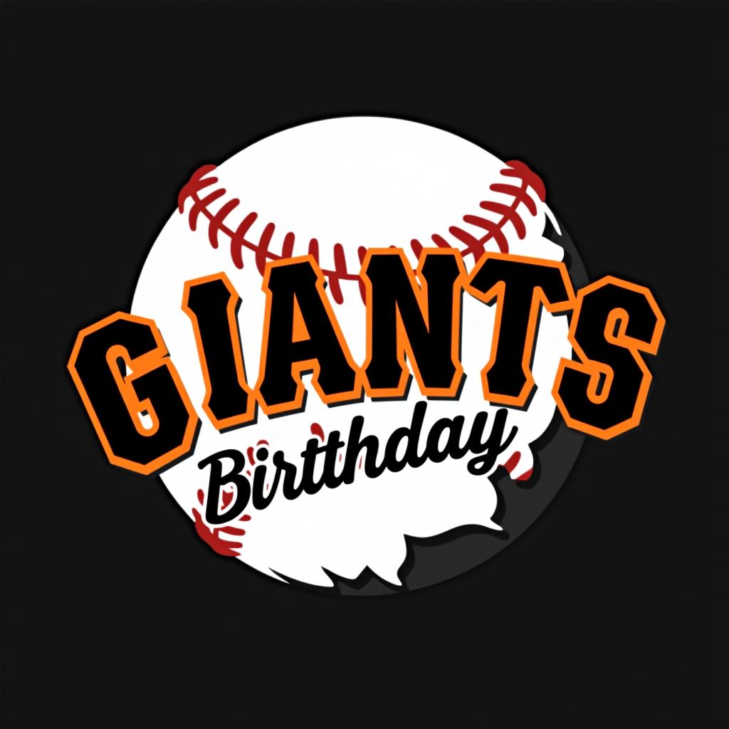  design a logo, idea con la imagen del equipo de béisbol de san francisco giants que diga happy birthday con tonos naranjas negros y blancos donde también aparezca una pelota blanca de béisbol de fondo, utilizando el tipo de letra igual que el uniforme del equipo de béisbol giants