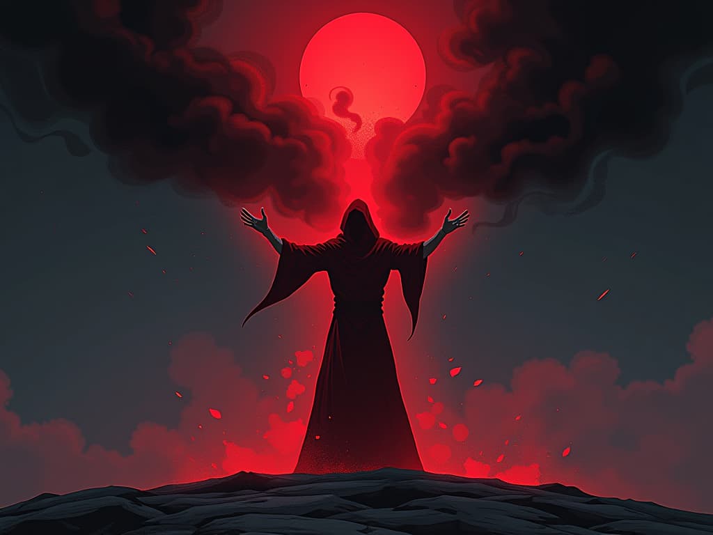  individual in red performing a powerful ritual, releasing dark clouds into the air, atmosphere of final cleansing. the style is digital art illustration / modern comic book / graphic dark novel fantasy and mysterious occult, symbolic, moody lighting, esoteric vibe,high detail on character design. for the color scheme emphasize blacks and reds.