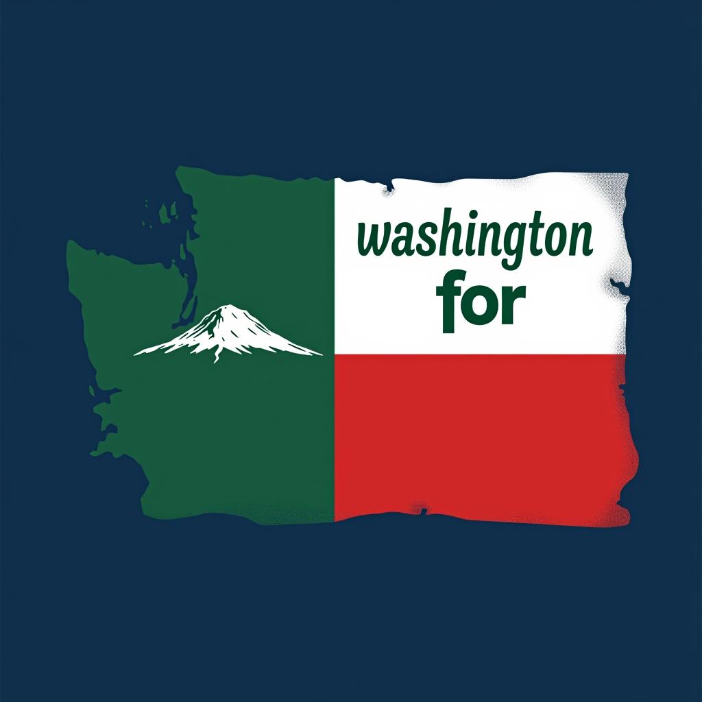  a tshirt design inspired by the washington state flag. the left side features a green vertical stripe with a large mountain in the center. the right side is divided into two horizontal sections: the top section is white with the text 'washington for' in bold, green, uppercase letters, and the bottom section is red with the text 'harris walz' in bold, white, uppercase letters. the overall layout is clean and straightforward, with a clear and patriotic color scheme of blue, white, and red.