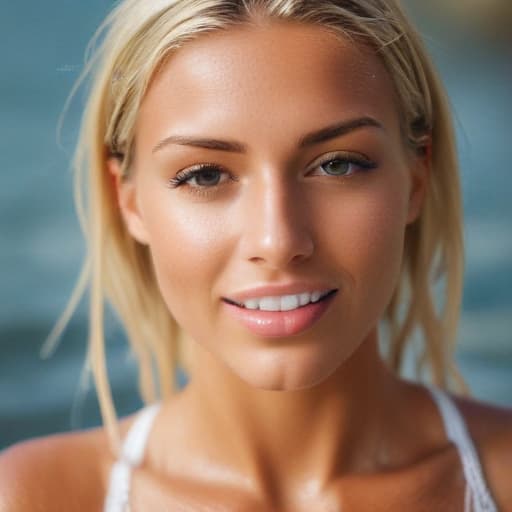 blonde tanned woman in water up to her nostrils