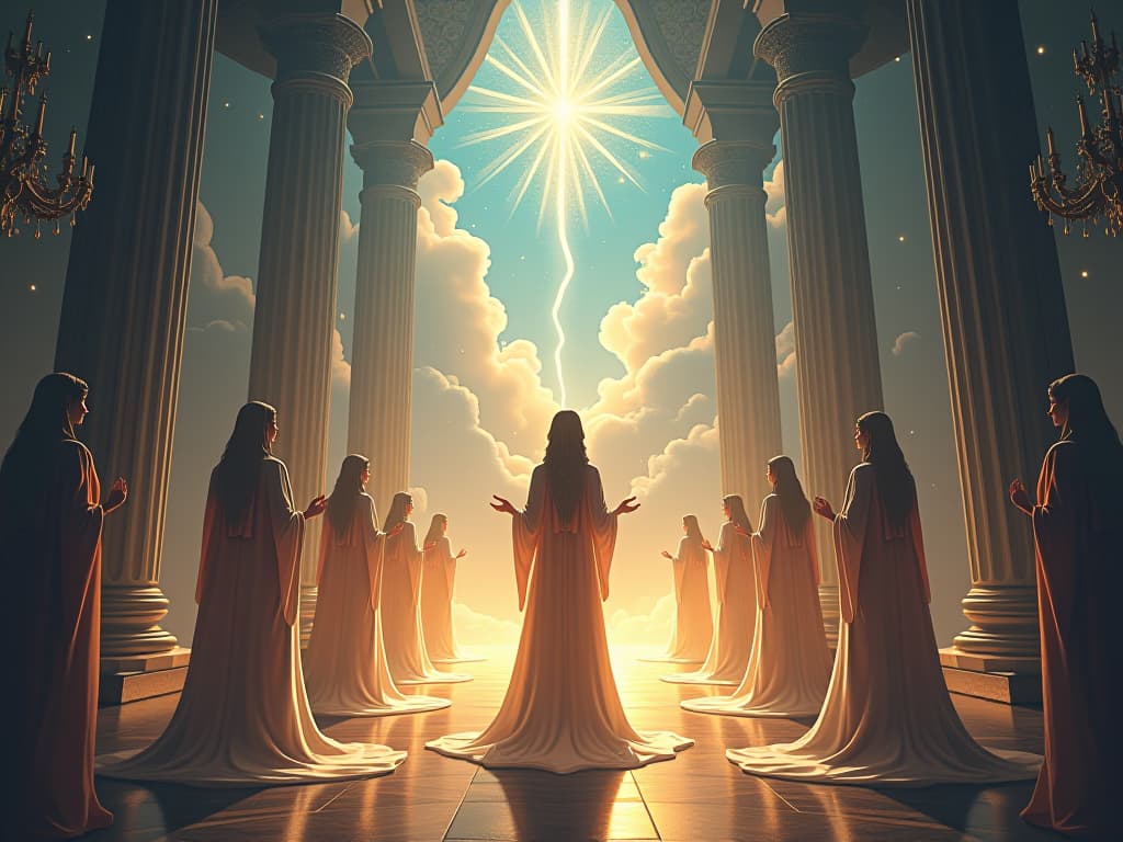  a celestial ceremony in an ethereal palace, with beings in flowing, glowing robes. the focus is on initiation and revelation of inner strength.. the style is digital art illustration,highly detailed, whimsical,magical, dreamlike atmosphere, realism and fantasy blend, smooth, glossy textures,luminous quality, wonder and enchantment.