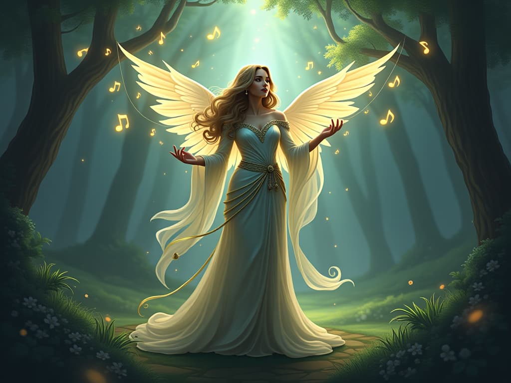  ethereal bard with flowing, shimmering attire, standing in an enchanted forest, musical notes glowing around, aura of spiritual guidance. the style is digital art illustration,highly detailed, whimsical,magical, dreamlike atmosphere, realism and fantasy blend, smooth, glossy textures,luminous quality, wonder and enchantment.