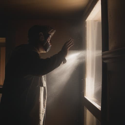 A photo of a professional duct cleaner inspecting a dusty vent in a dimly lit basement during late afternoon with a single beam of sunlight streaming through a nearby window, casting dramatic shadows and highlighting particles in the air.