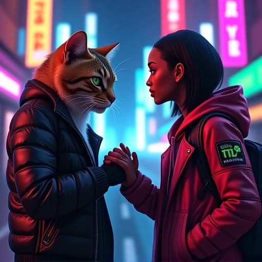  in a neon lit cyberpunk cityscape, hemule, the edgy tabby cat with green eyes, meets kamala harris. their handshake exudes tension amidst vibrant colors and detailed textures, blending realism and comic book aesthetics. hyperrealistic, full body, detailed clothing, highly detailed, cinematic lighting, stunningly beautiful, intricate, sharp focus, f/1. 8, 85mm, (centered image composition), (professionally color graded), ((bright soft diffused light)), volumetric fog, trending on instagram, trending on tumblr, HDR 4K, 8K