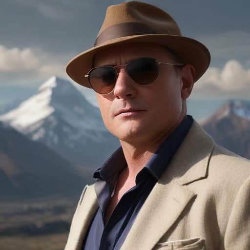 Reymond reddington with sunglasses in Mythological style with Mountains background