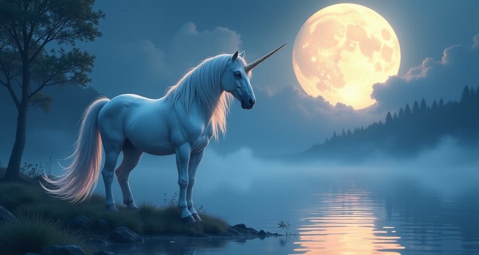  a mystic unicorn with a shimmering mane, standing at the edge of a bright, reflective lake under a glowing moon. its eyes are deep and piercing, exuding an aura that forces onlookers to confront their inner depths, surrounded by an ethereal mist that enhances the mystical atmosphere.. the style is digital art illustration,highly detailed, whimsical,magical, dreamlike atmosphere, realism and fantasy blend, smooth, glossy textures,luminous quality, wonder and enchantment.