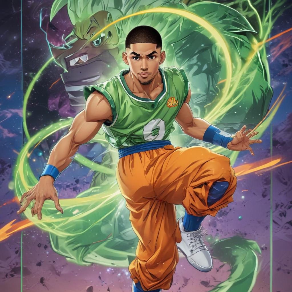 distance-shot, flashy, full-body, dynamic, holographic, animated cartoon poster of jayson tatum in the style of dragon ball super